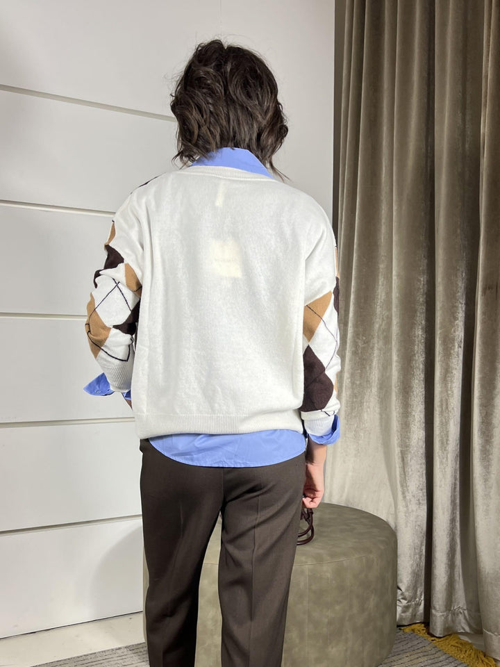 maglione scollo a v con rombi 100% lana panna moro camel e nero W1057PANNA/MORO/CAMEL/NERO TENSIONE IN