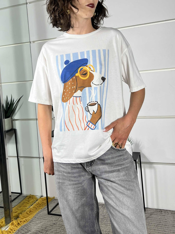 t-shirt bianca girocollo manica corta con stampa cane 690002DOG WITH HAT SPICY CAFE