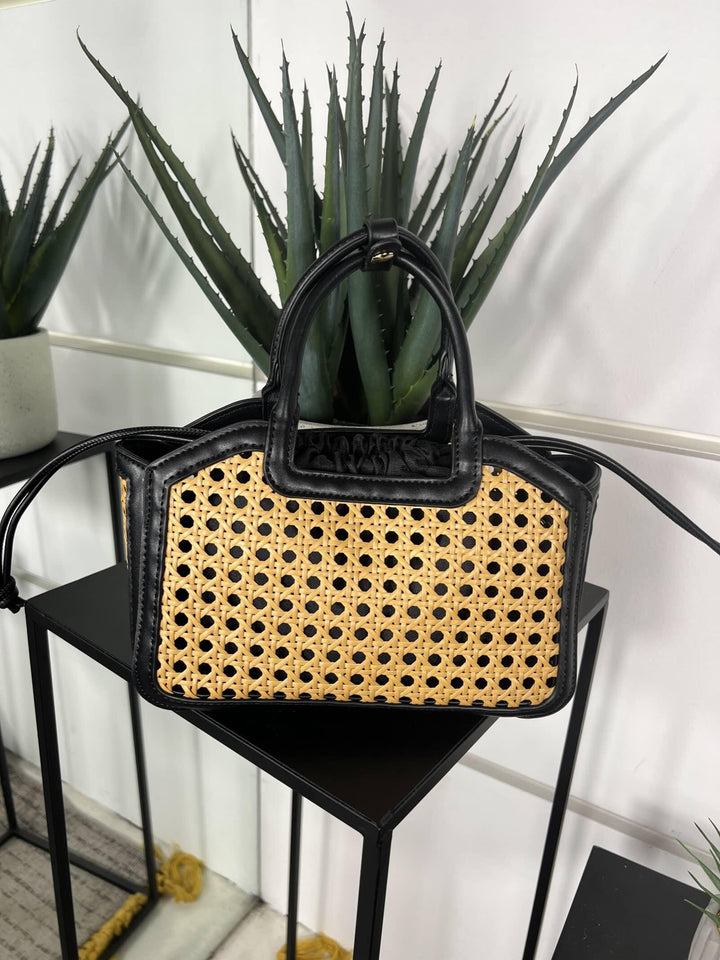 borsa a intreccio con inserti in ecopelle nera e tracolla FF27482BLACK FEMME CAFE SELECTION