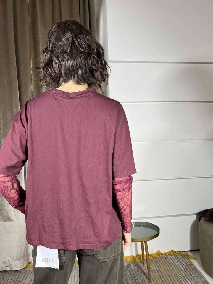 t-shirt vino manica corta con pizzo 11073VINO SUSY MIX