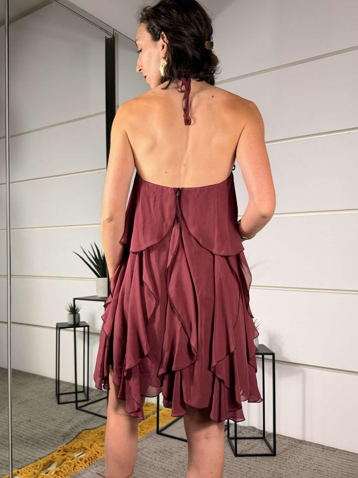 abito corto bordeaux a balze con fiore applicato sullo scollo AGEVLWU1380 IMPERIAL