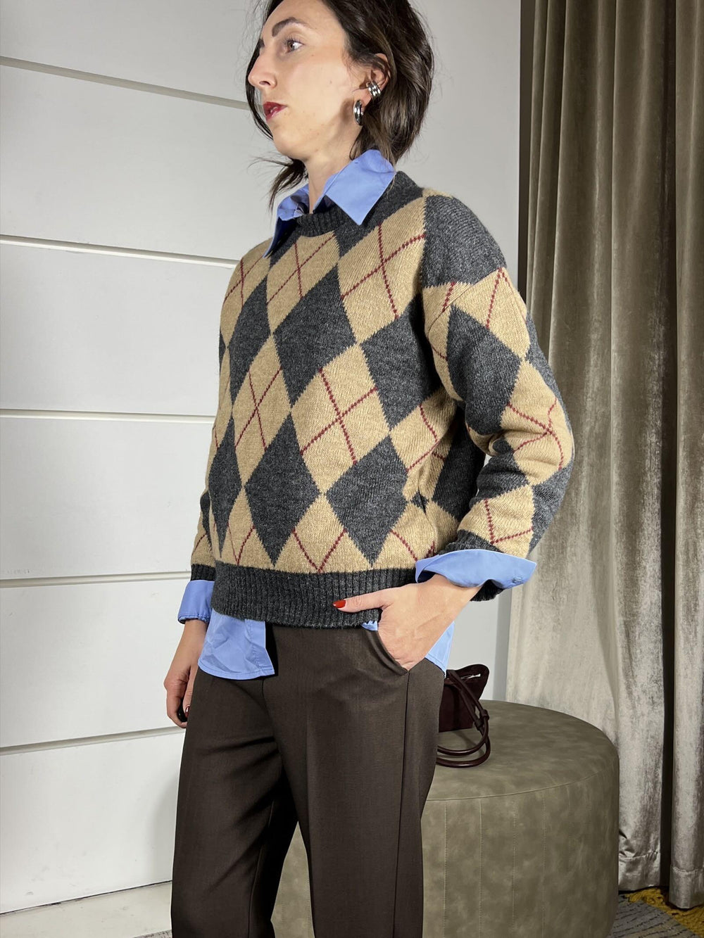 maglione girocollo con rombi grigio e cammello in misto lana 77289FGRIGIO/CAMMELLO VICOLO