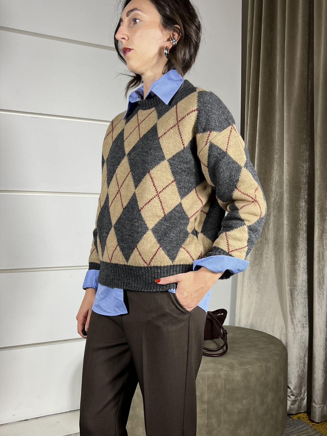maglione girocollo con rombi grigio e cammello in misto lana 77289FGRIGIO/CAMMELLO VICOLO