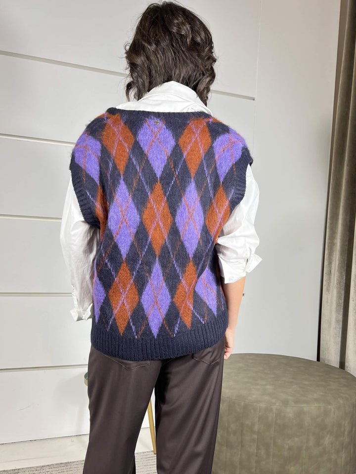 gilet a rombi scollo a v blu in misto lana S01Y0280BLU PHILIA LOFT