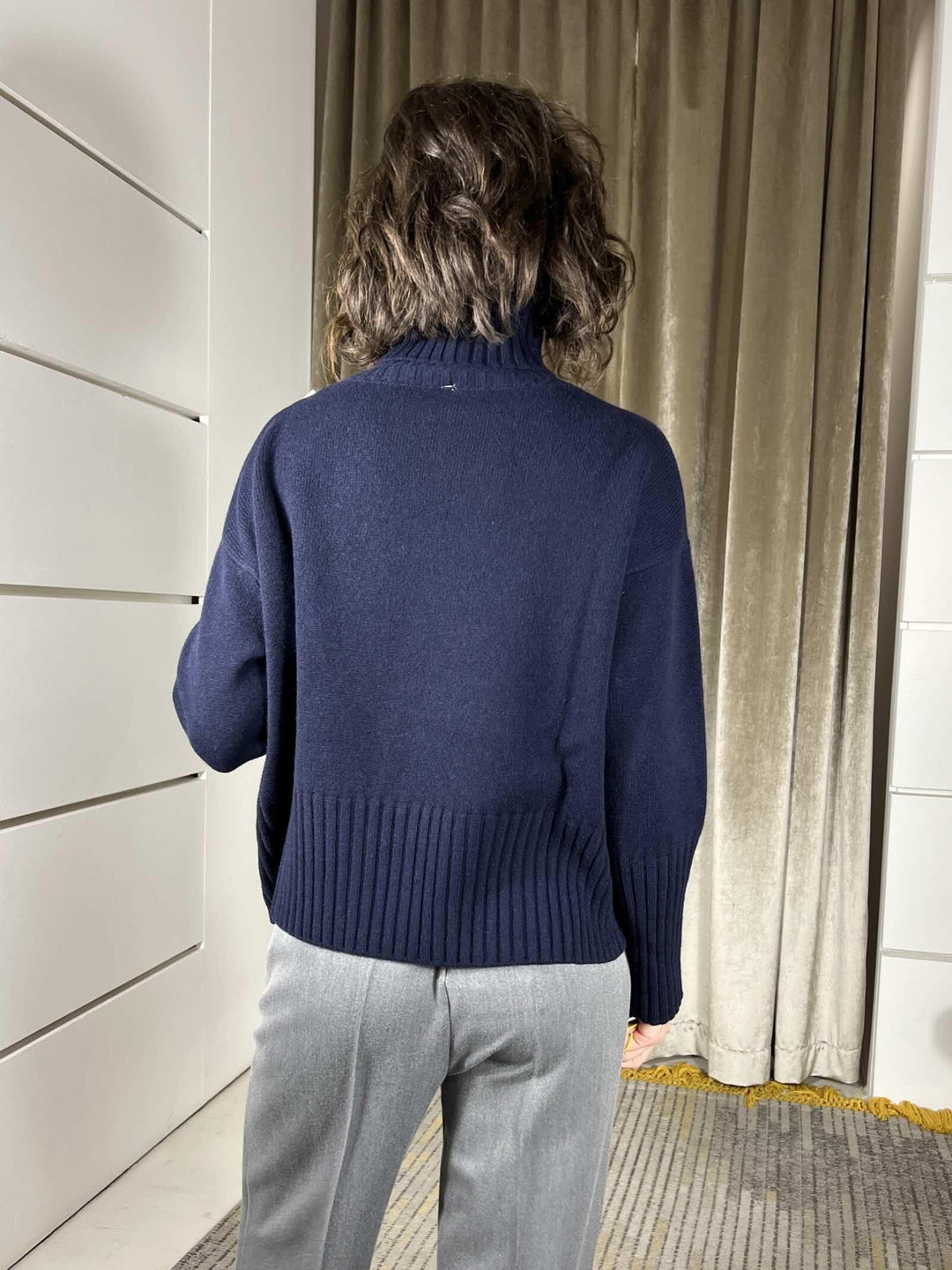 maglione collo alto con coste 100%lana blu WL938-7AI25BLU TENSIONE IN