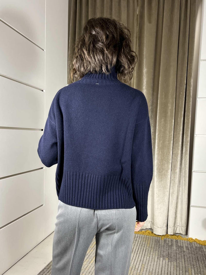 maglione collo alto con coste 100%lana blu WL938-7AI25BLU TENSIONE IN