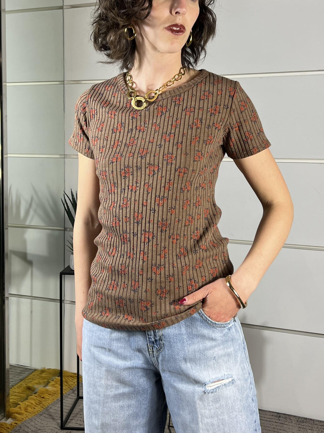 t-shirt a coste con fiori cammello TJS-Q079CAMMELLO HAVE ONE
