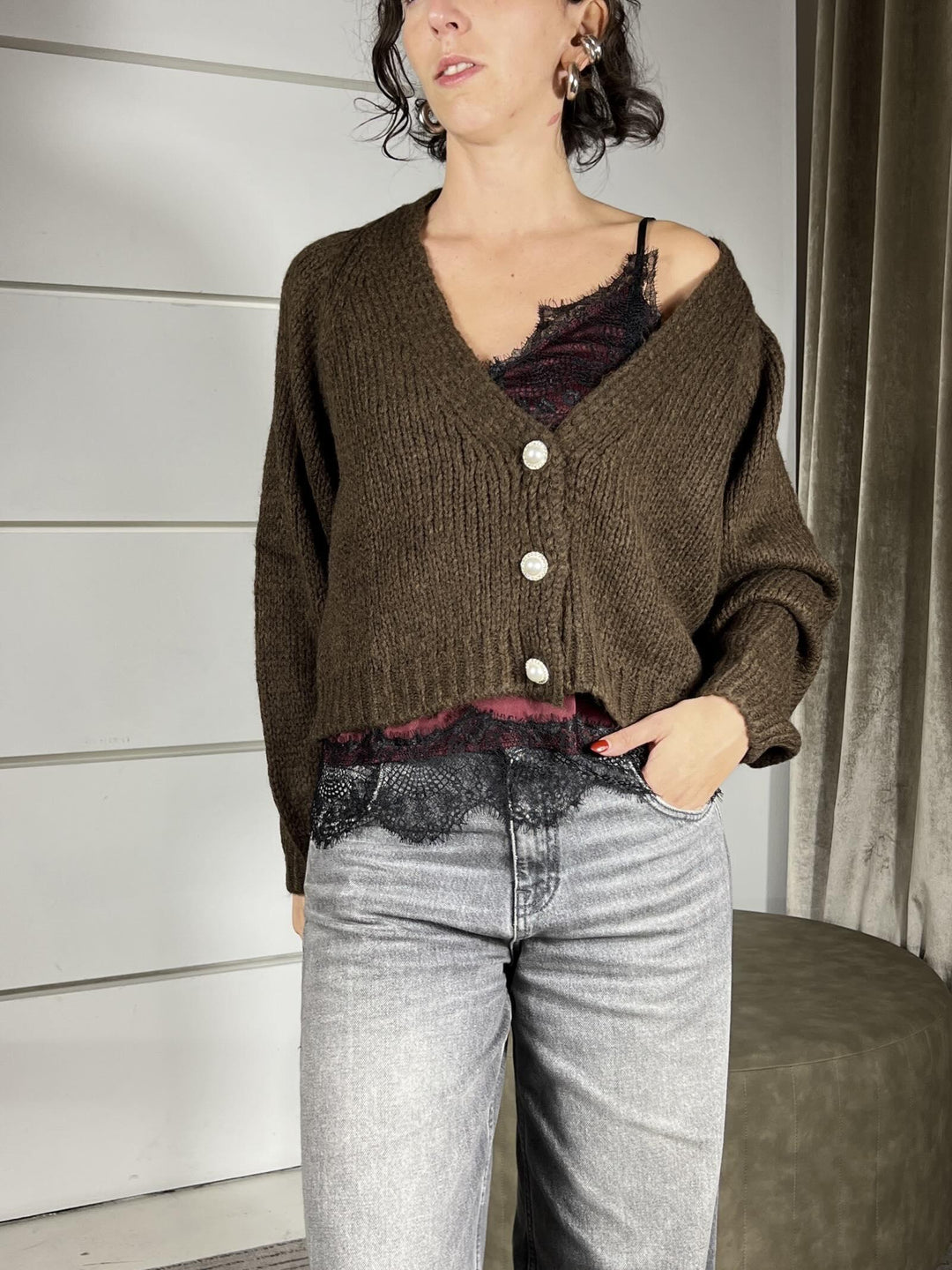 cardigan moro scollo a v con bottone gioiello JIT-P021MORO HAVE ONE
