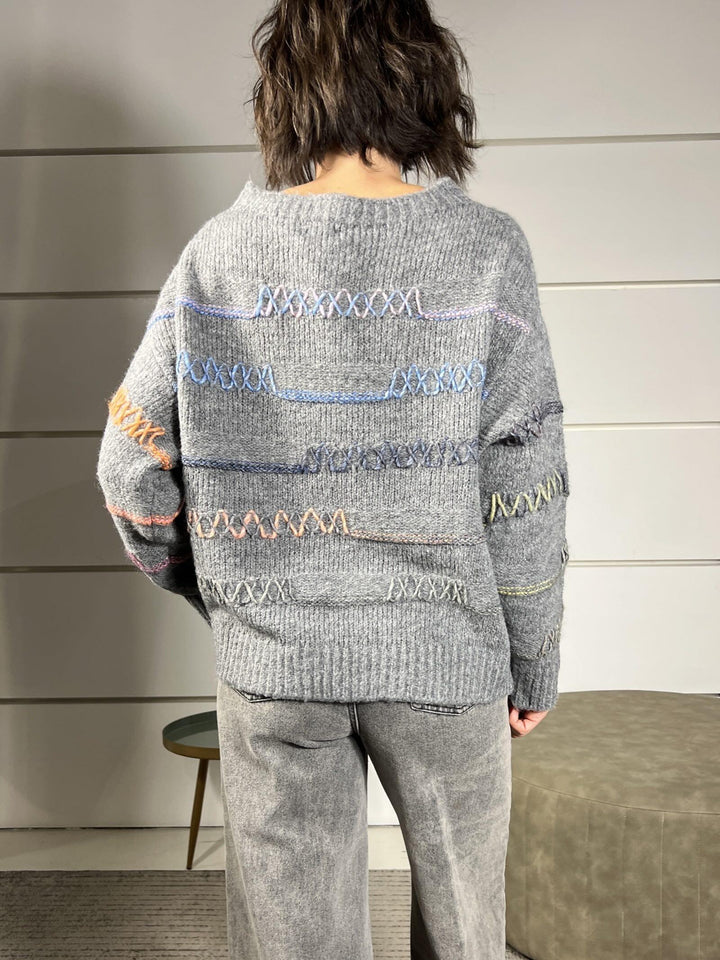 maglione grigio girocollo con fili colorati in misto lana 11716CGRIGIO SUSY MIX