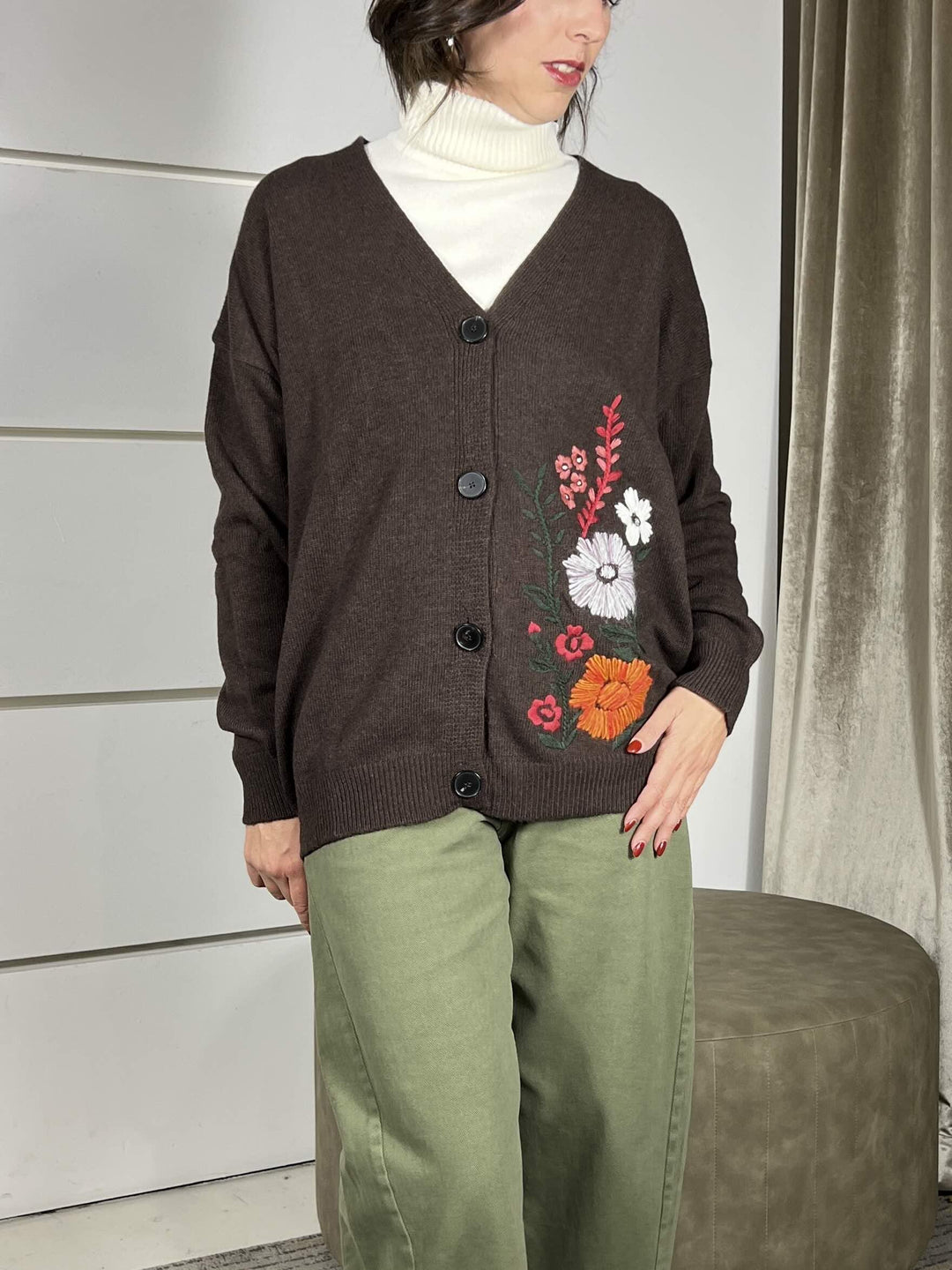 cardigan con ricamo fiori moro scollo a v in misto lana 77151FMORO VICOLO