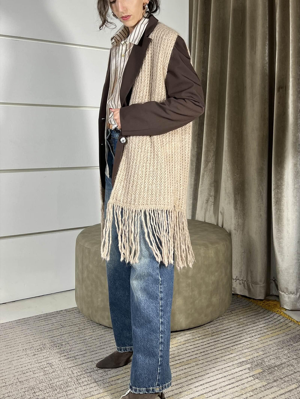 gilet lungo beige in misto lana con frange F01O0656BEIGE PHILIA LOFT