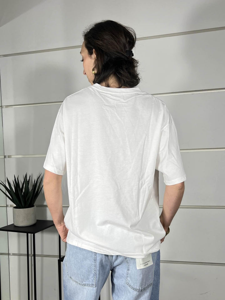 t-shirt bianca con stampa oysters blu gialla e rossa 690002OSTRICHE SPICY CAFE