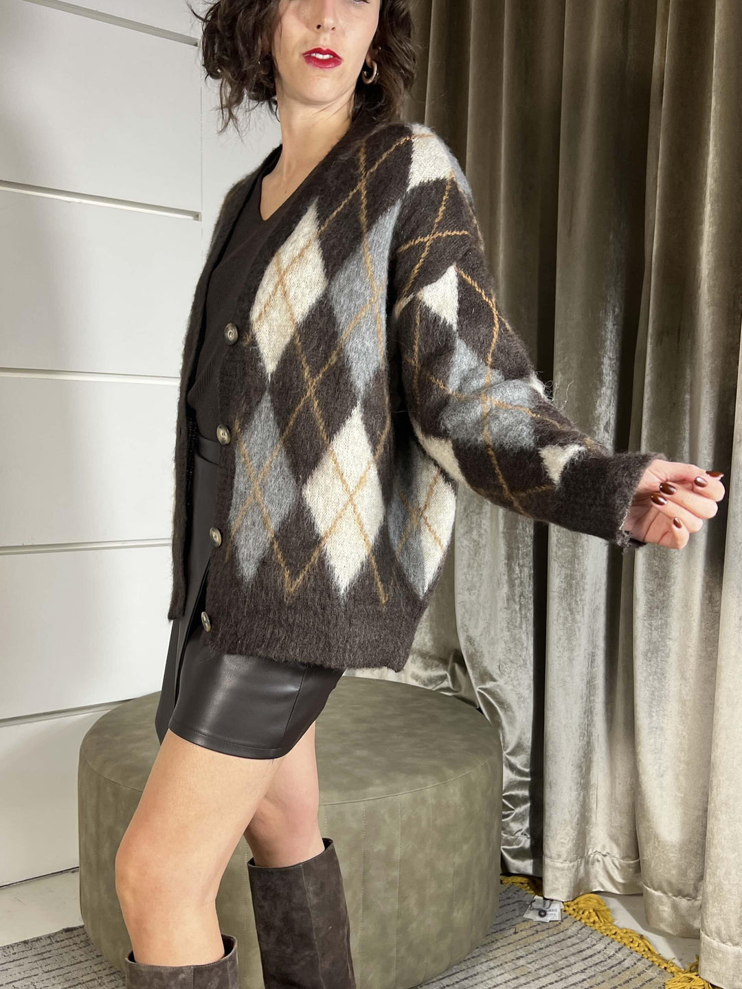 cardigan con rombi scollo v over misto lana cioccolato burro e grigio D80999CIOCCOLATO/BURRO/GRIGIO TENSIONE IN