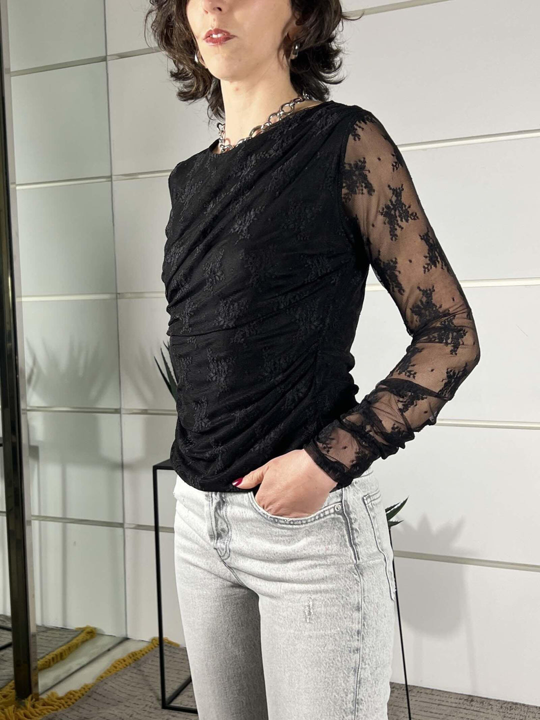 maglia pizzo con arricciatura fine manica nera 26MP13736LSNERO FEMME SELECTION
