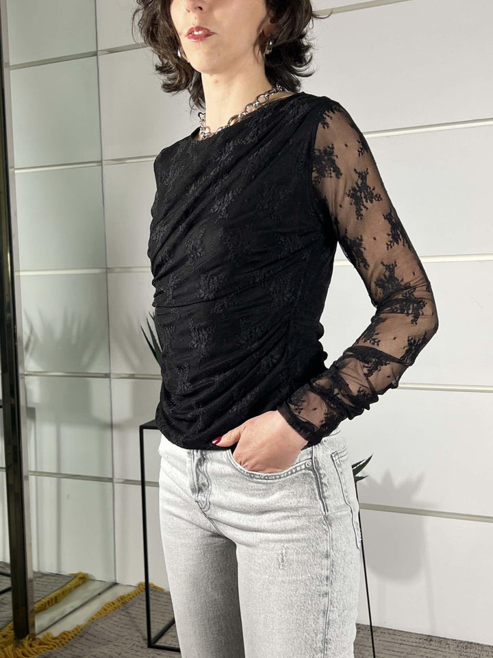maglia pizzo con arricciatura fine manica nera 26MP13736LSNERO FEMME SELECTION