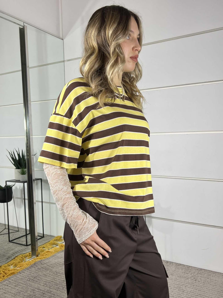 t-shirt a righe gialla e moro over con manica di pizzo WT26SZEM8474GIALLO TWO WAY