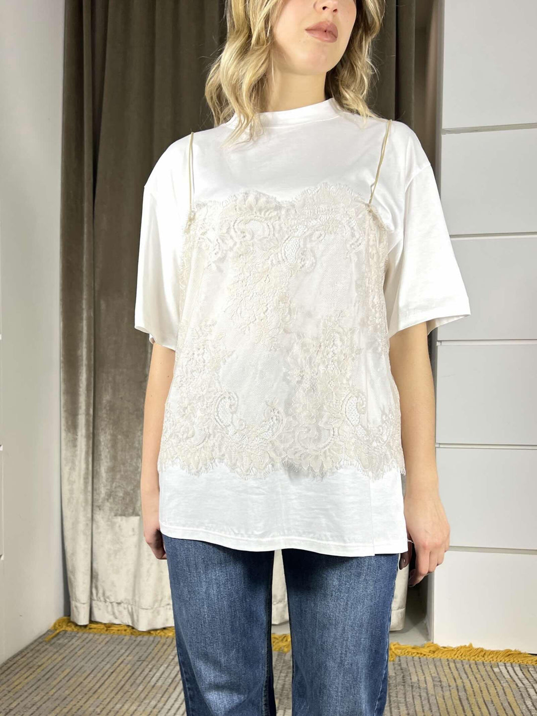 t-shirt bianca con top in pizzo ecru PE260052PANNA/ECRU TENSIONE IN