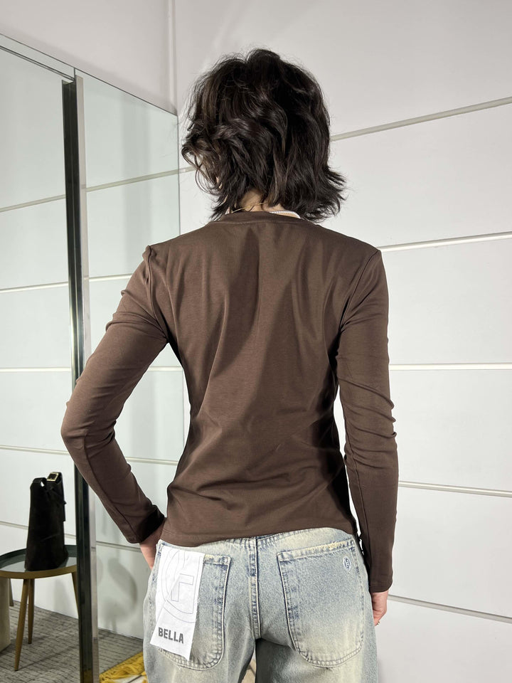 maglia marrone girocollo con bottoncini sul davanti LC260027MARRONE LUMINA