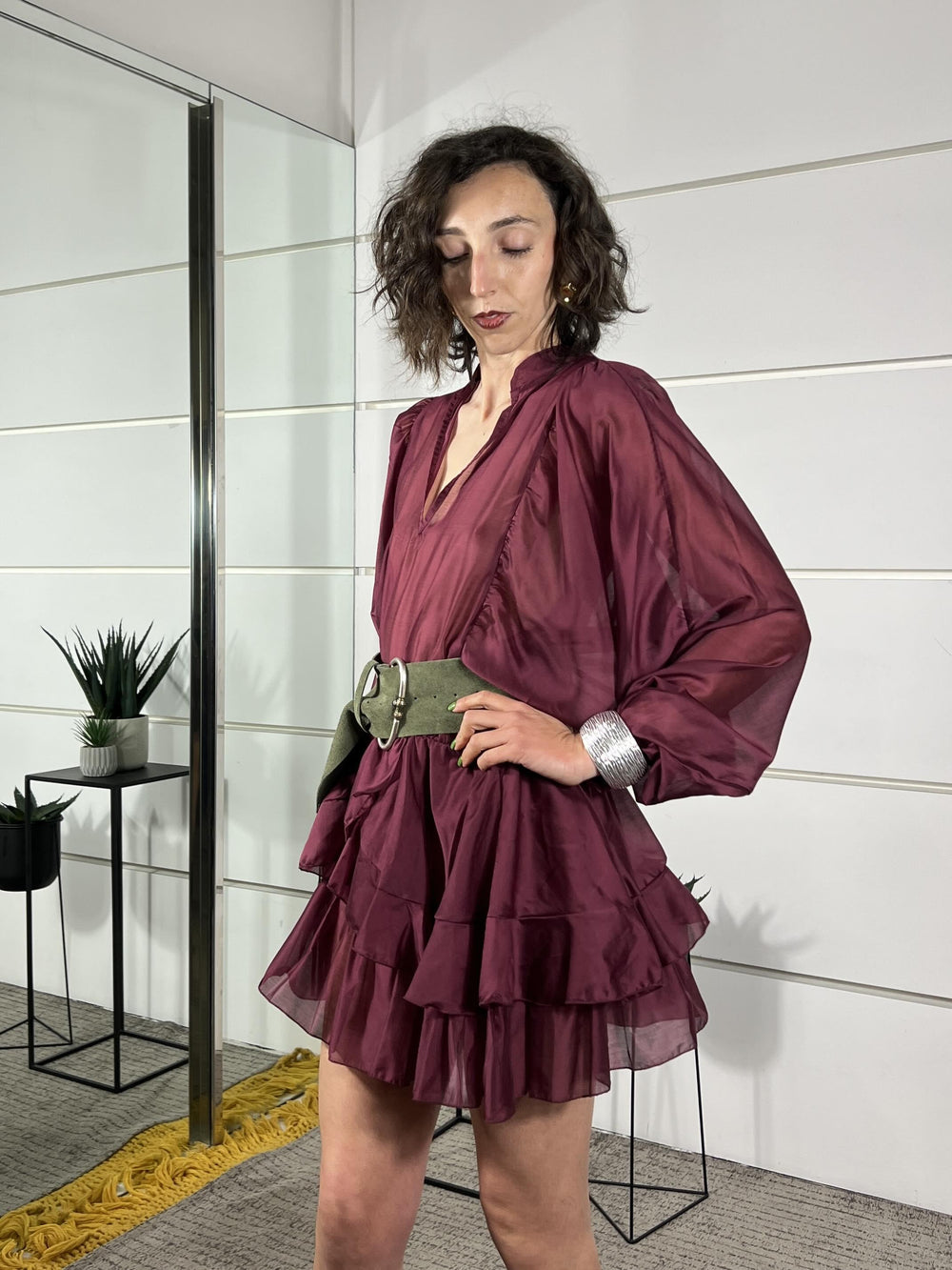 abito corto scollo a v con rouches vino ANO-Q121VINO HAVE ONE