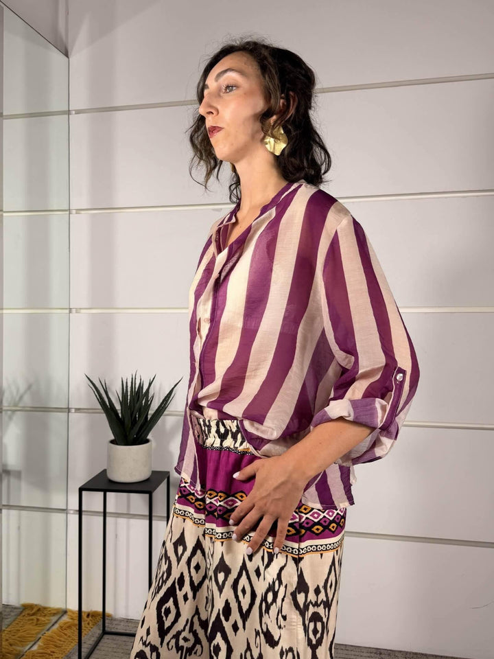 camicia a righe burro e viola in mussola  CVS-Q422RIGA BURRO/VIOLA HAVE ONE