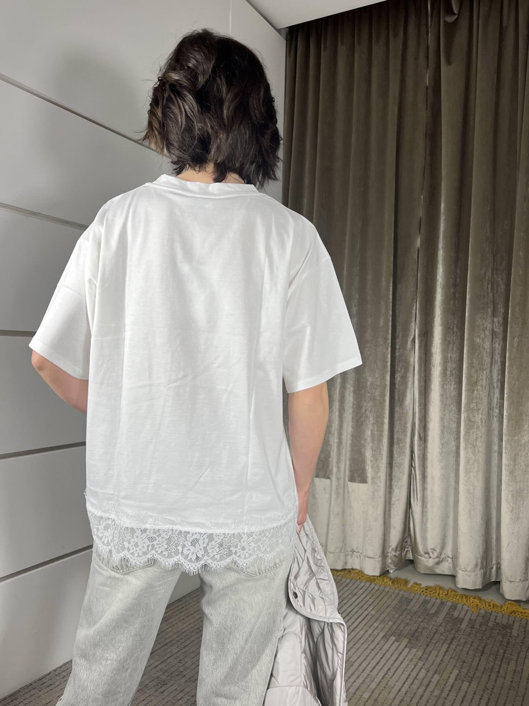 t-shirt over con pizzo nel fondo, girocollo, manica corta  panna 119381PANNA SUSY MIX