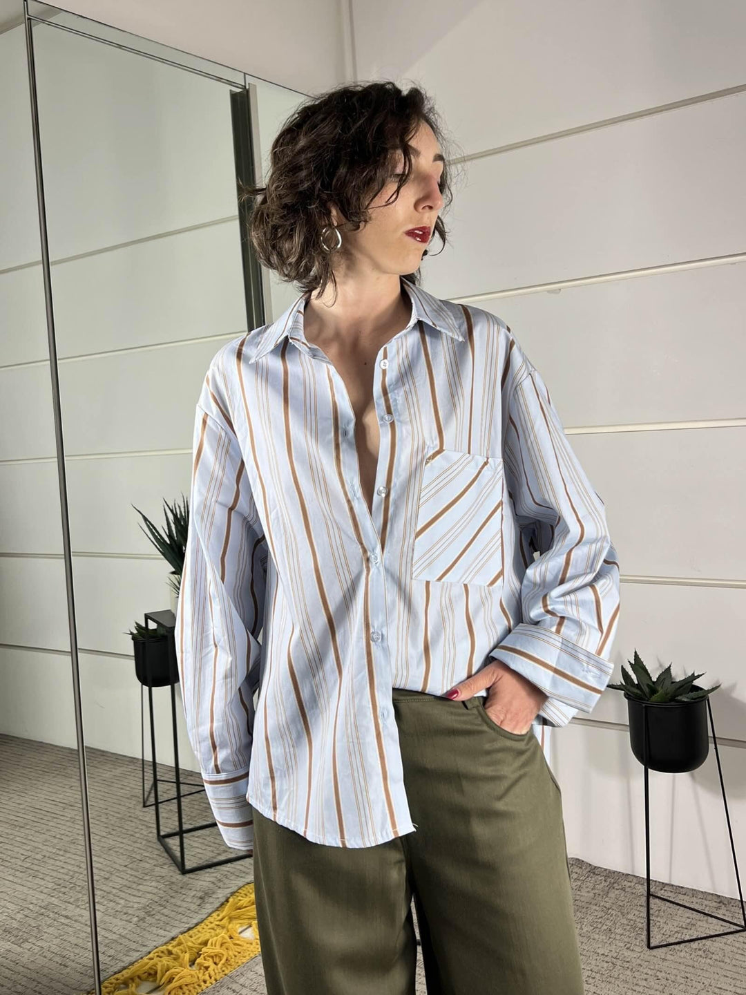 camicia over a righe in cotone celeste e tabacco CFW-Q178CELESTE/TABACCO HAVE ONE