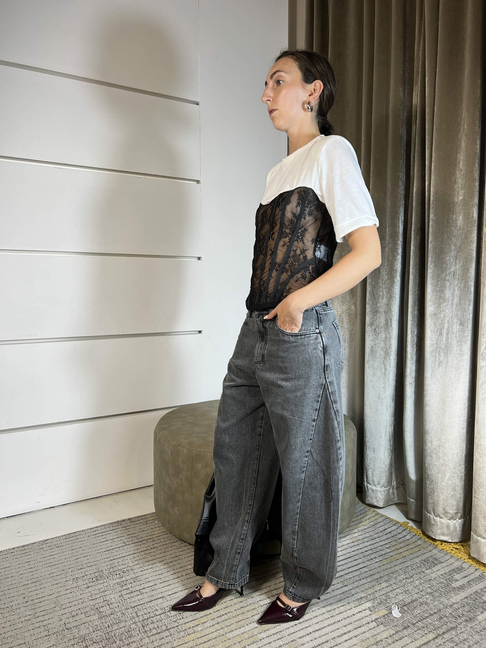 JEANS BARREL FIT GRIGIO SCURO W25P389NERO TENSIONE IN