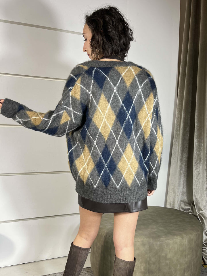 cardigan con rombi scollo v over misto lana blu e cammello D80999BLU/CAMMELLO TENSIONE IN