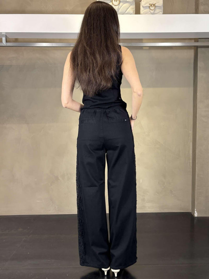 Pantalone denim nero con bande in pizzo PALCOZ99 PINKO