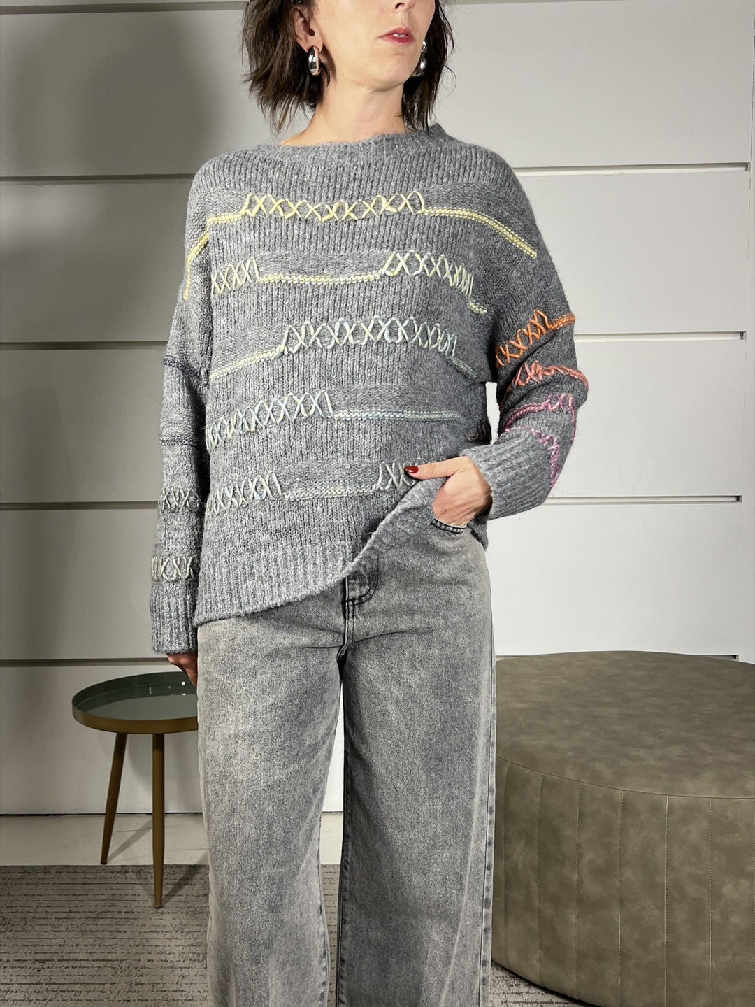 maglione grigio girocollo con fili colorati in misto lana 11716CGRIGIO SUSY MIX