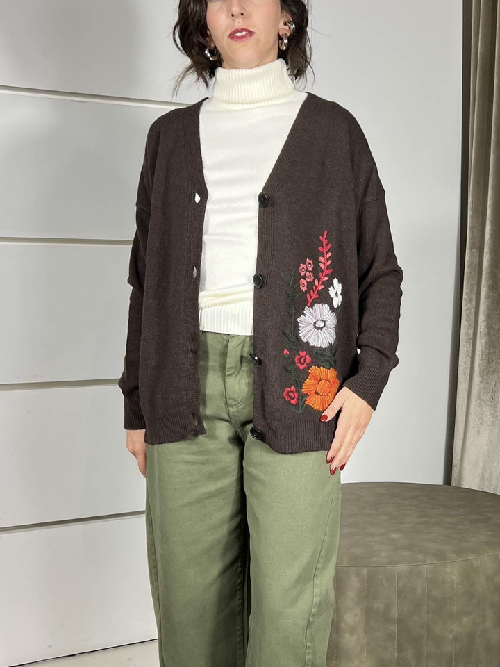 cardigan con ricamo fiori moro scollo a v in misto lana 77151FMORO VICOLO