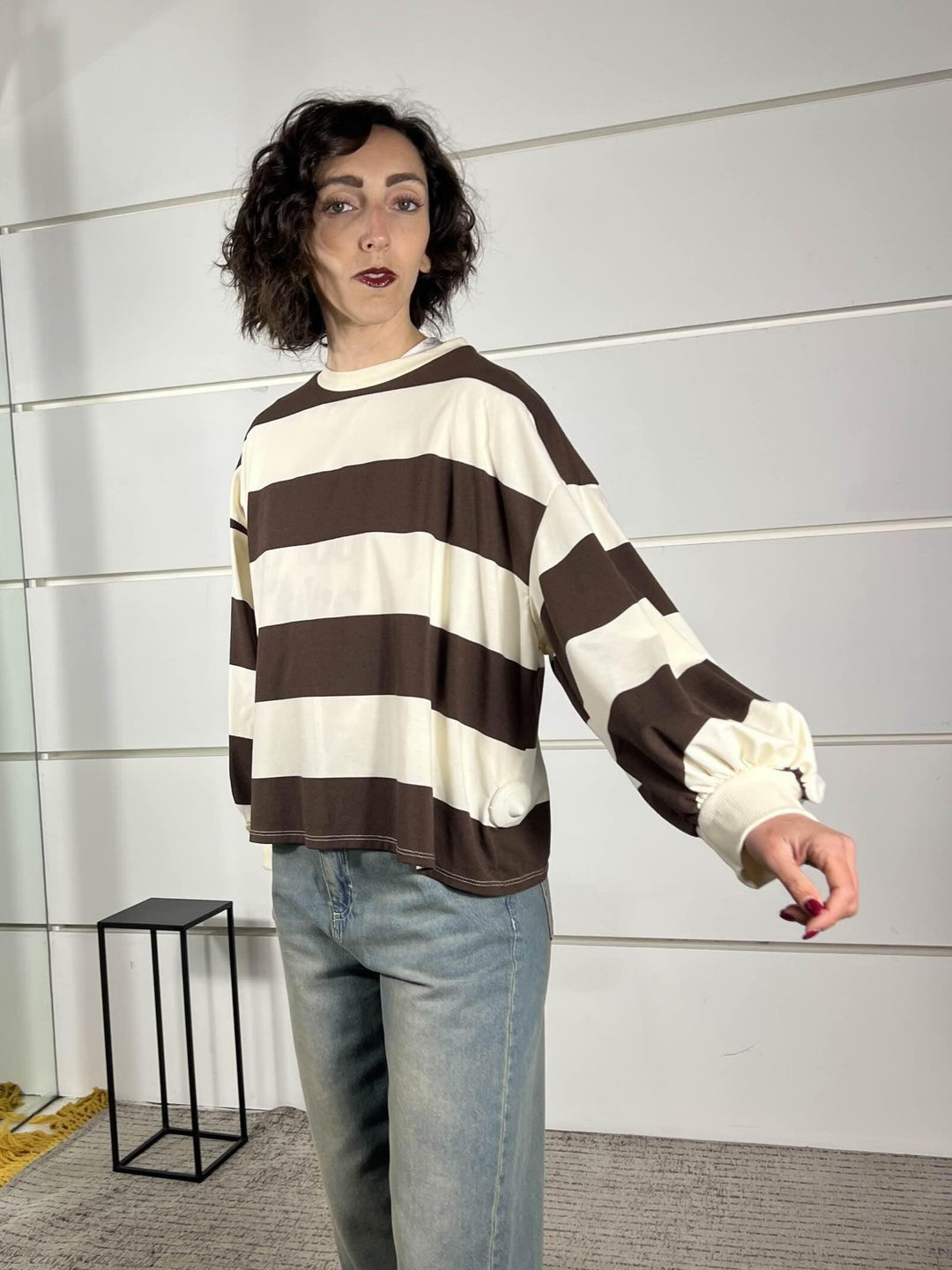 maglia a righe panna cioccolato con manica a baloon D02N0366PANNA/CIOCCOLATO PHILIA LOFT