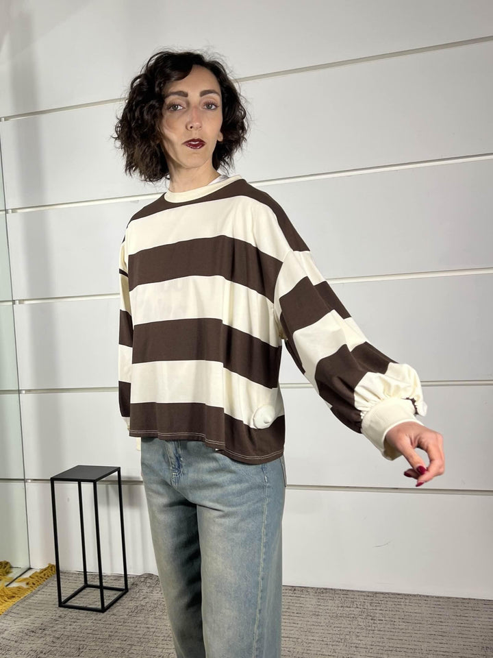 maglia a righe panna cioccolato con manica a baloon D02N0366PANNA/CIOCCOLATO PHILIA LOFT