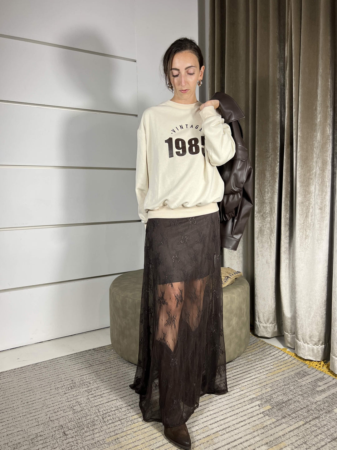 GONNA LUNGA IN PIZZO MORO FW250024MORO TENSIONE IN