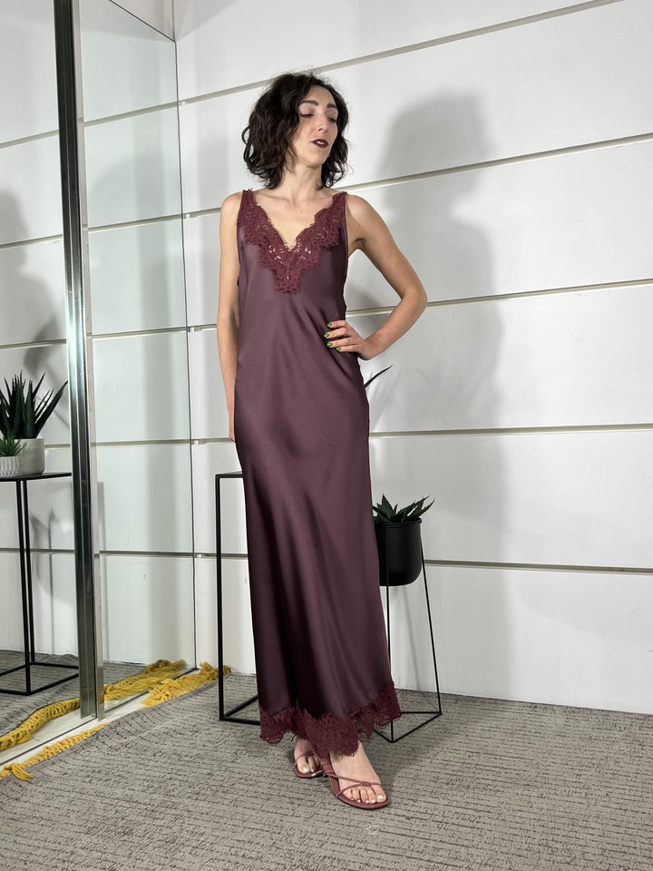 abito lungo satin con inserto in pizzo cipolla 38960CIPOLLA TENSIONE IN