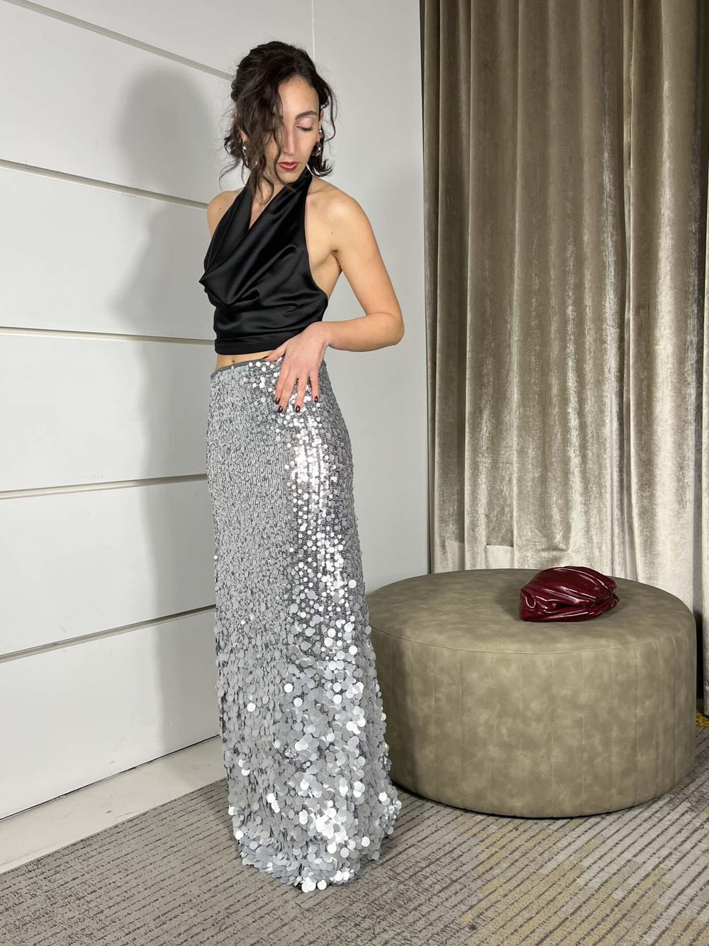 abito o gonna  midi svasato in paillettes degrade'argento ABOC3830 CARLA G