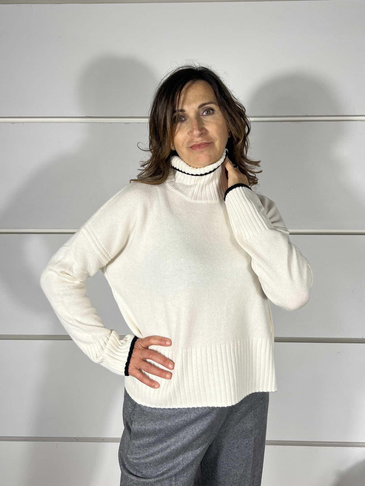 DOLCEVITA BIANCO MERINGA IN LANA CON FILATO A CONTRASTO NERO FALKLAND MAGLIAZ13 PINKO