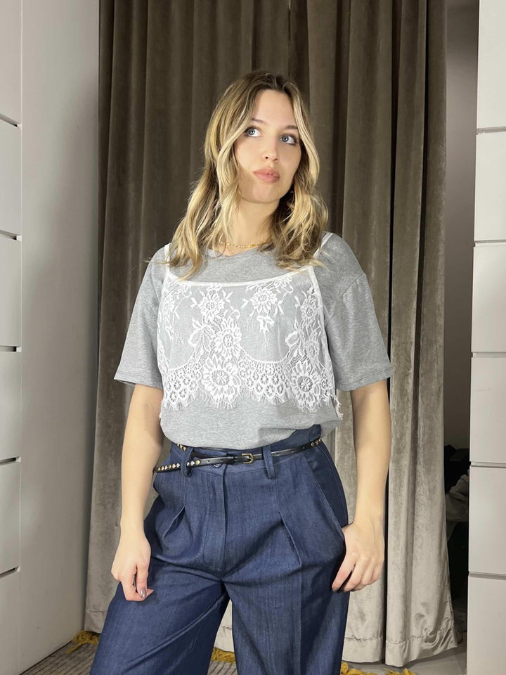 T-Shirt grigiacon top in pizzo e collana 26632GRIGIO SUSY MIX