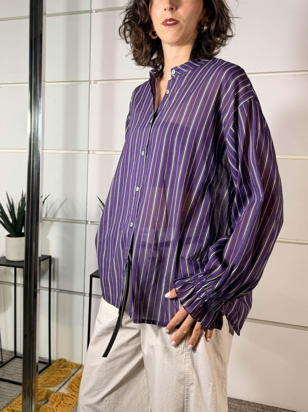 camicia in mussola di cotone viola a righe 60425CM2998VIOLA SUSY MIX