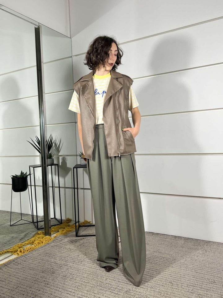 pantalone con pince palazzo in viscosa  salvia 26P4364SALVIA TENSIONE IN
