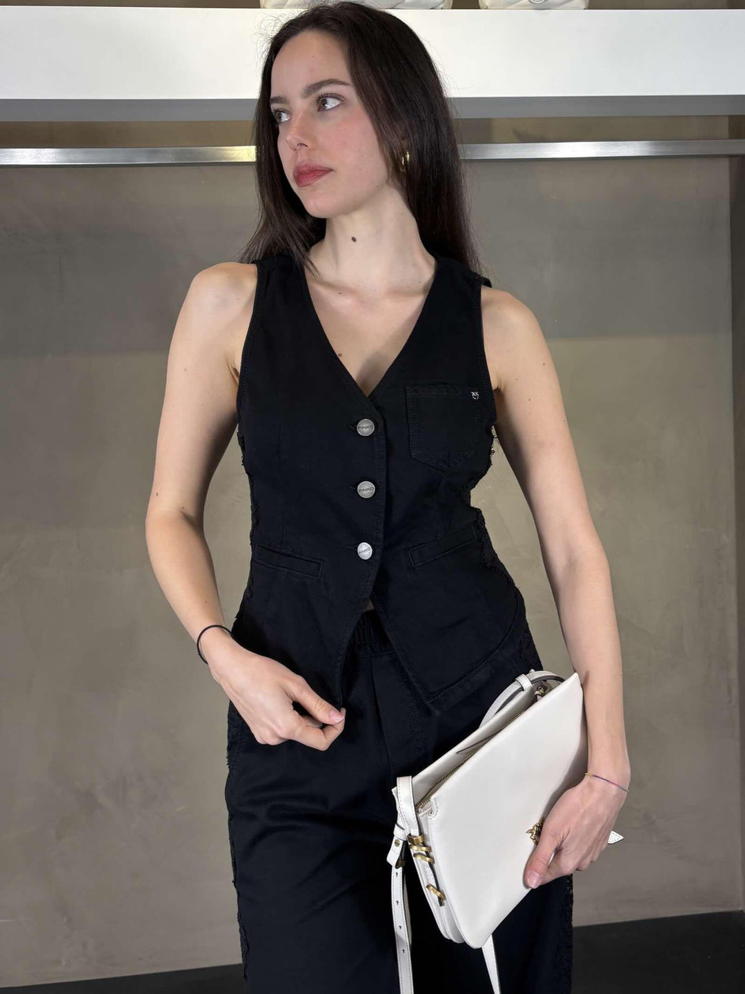gilet in denim nero con inserti in pizzo GARDENERZ99 PINKO