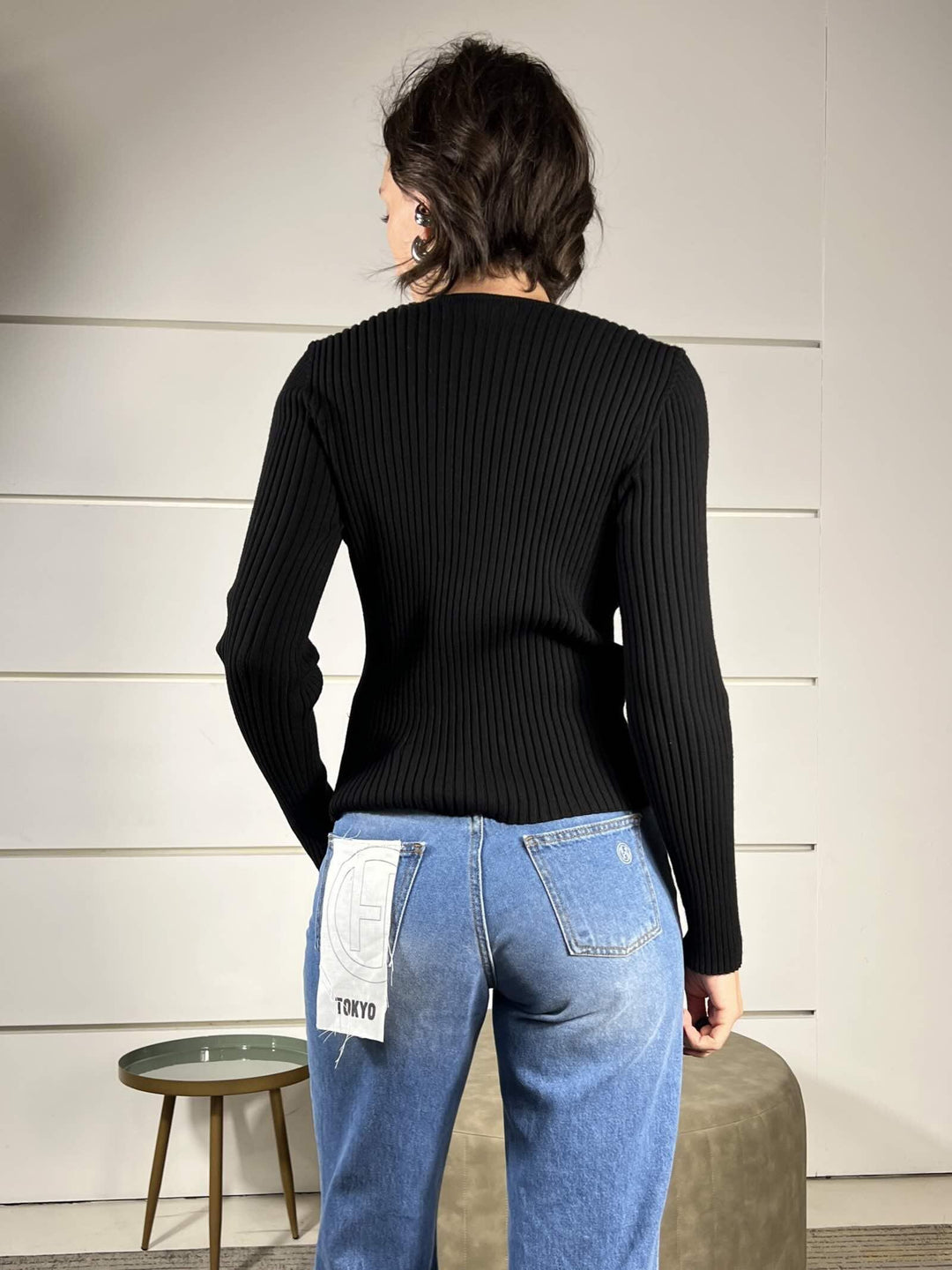 maglia scollo a v con pizzo a coste nera W5HMJ54A418NERO TENSIONE IN