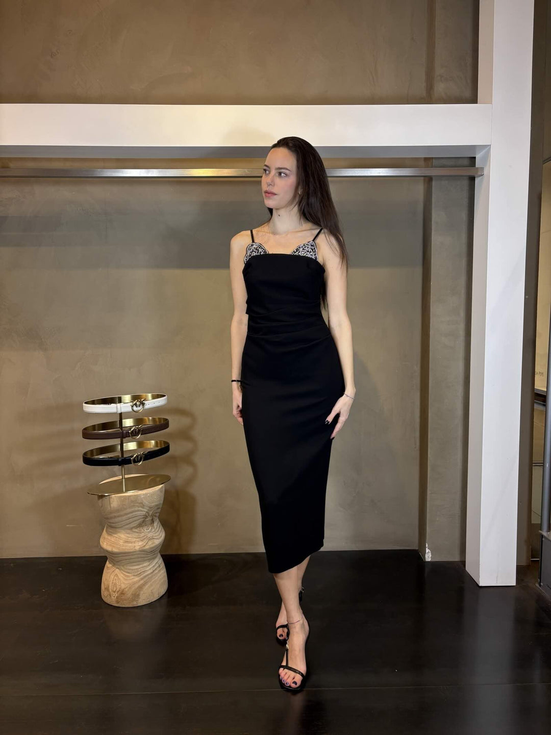 abito midi nero con ricamo gioiello argento CARRUBAZ99 PINKO