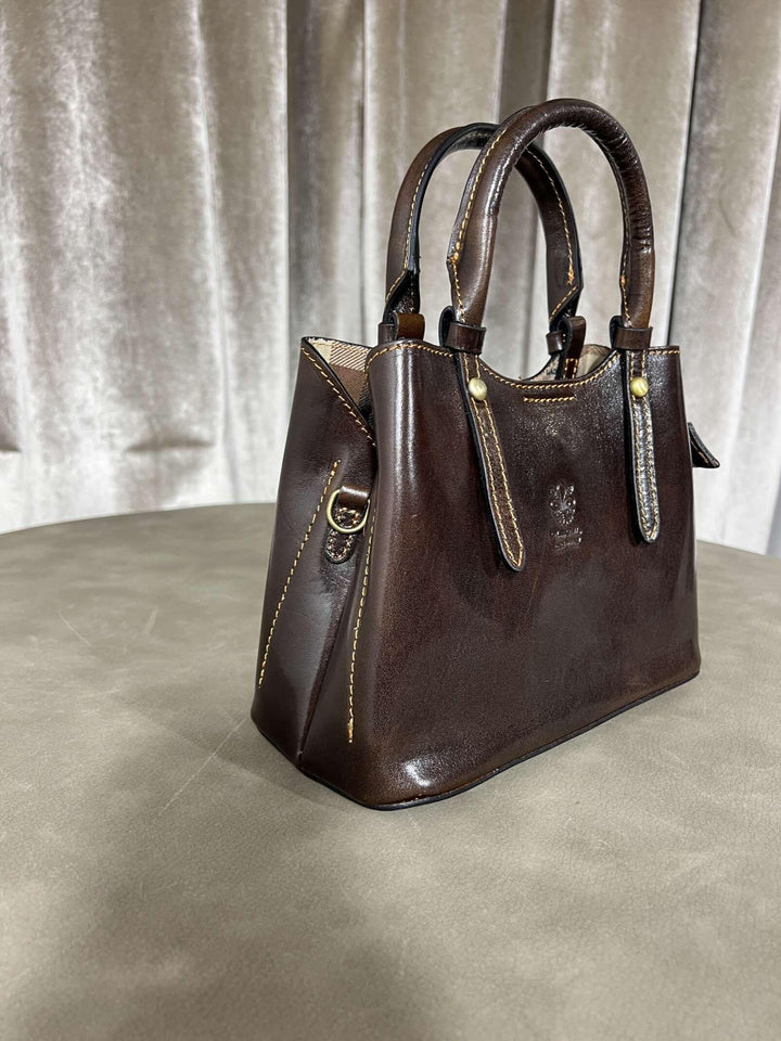 borsa in vera pell con tracolla regolabile e interno check 808235MORO FEMME CAFE SELECTION