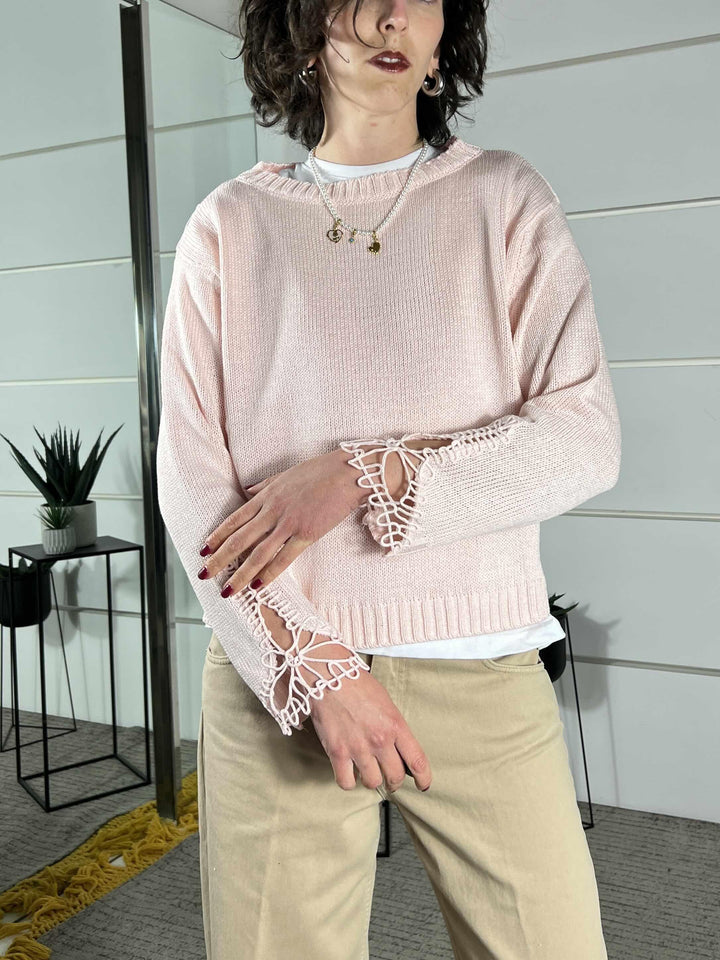 maglia paricollo con dettaglio lavorazione nella manica rosa D90167ROSA TENSIONE IN