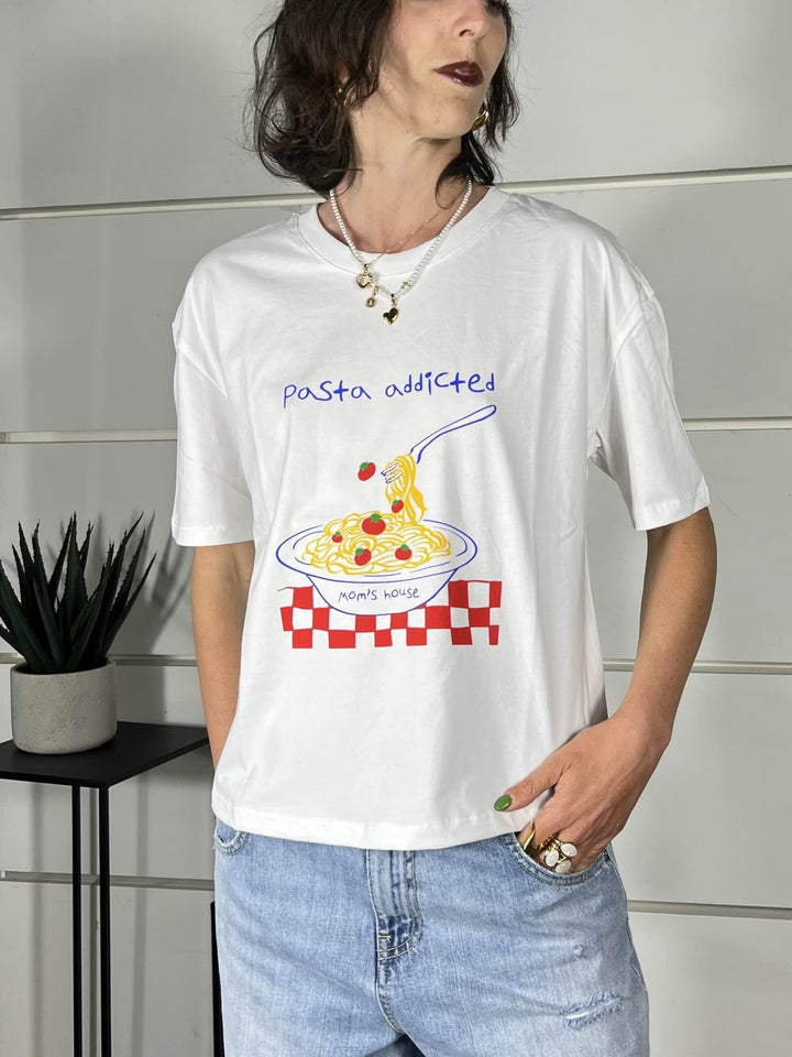t-shirt con scritta addicted to pasta LD5491BIANCO LUMINA