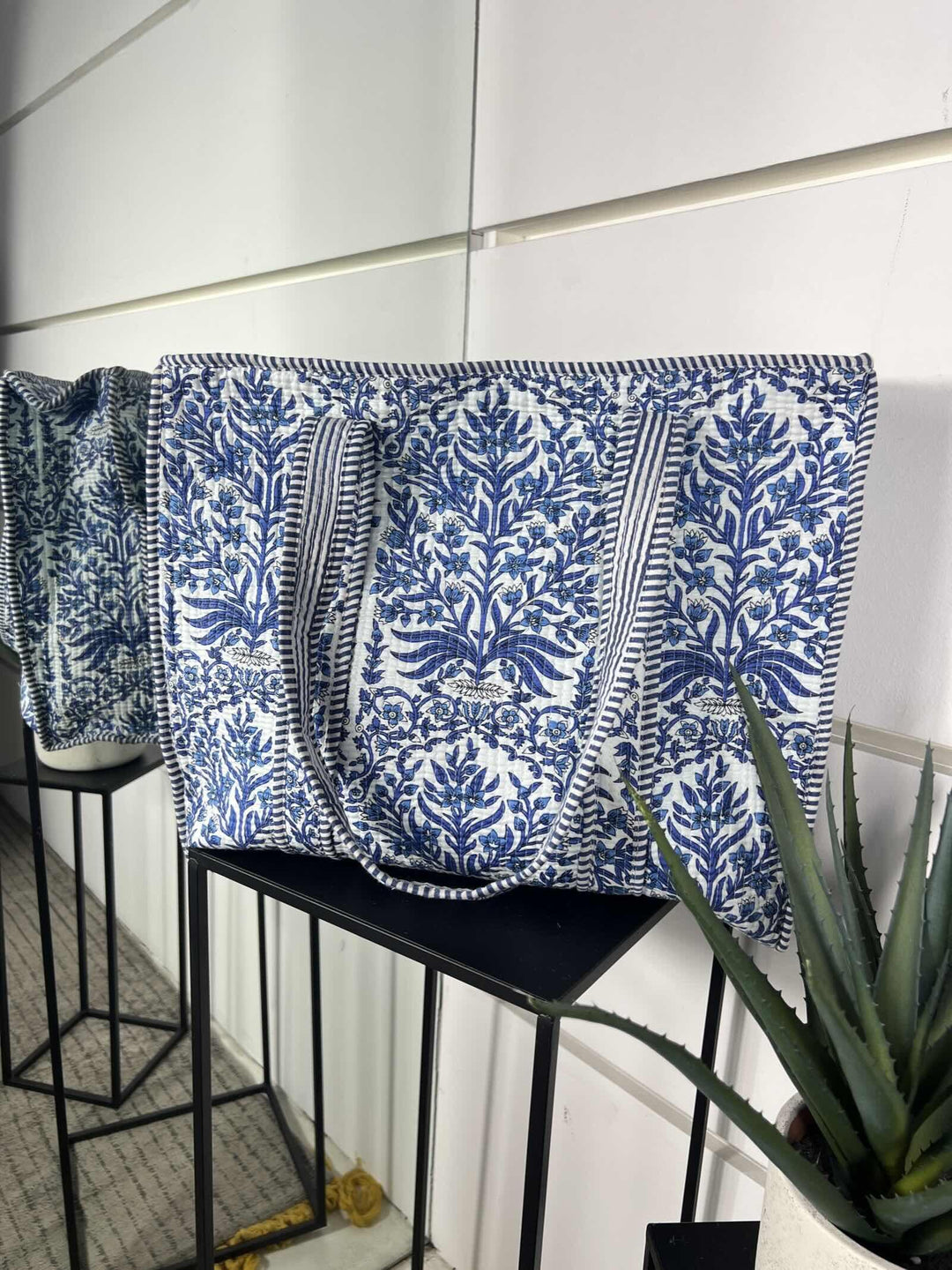 borsa in cotone jasmine bluette e bianco CO-B0225JASMINE/BLUETTE/BIANCO FEMME CAFE SELECTION