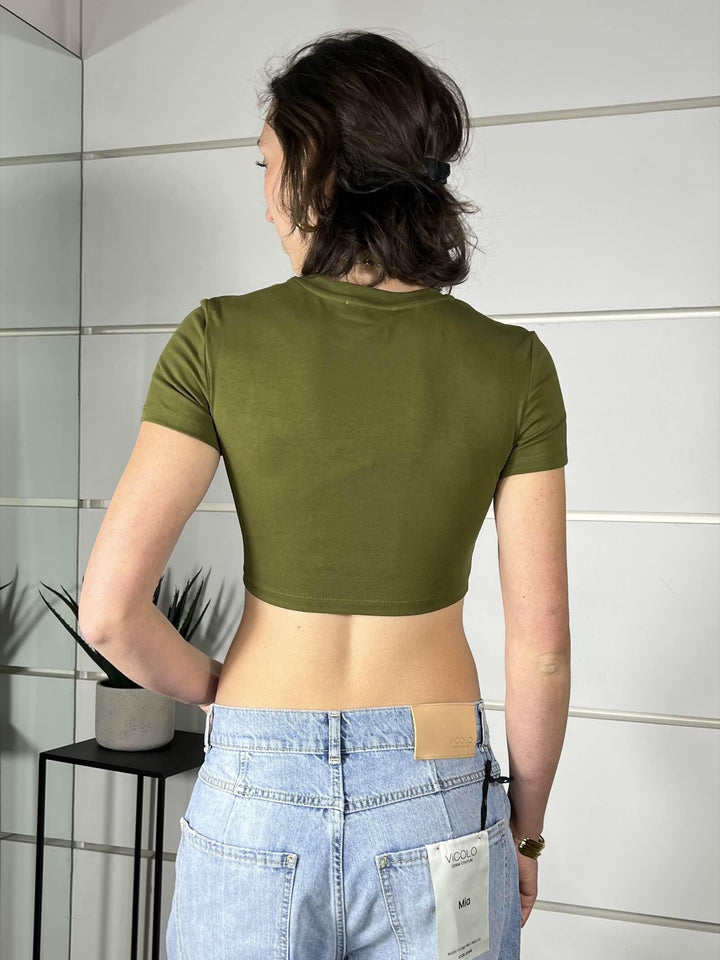 t-shirt verde militare crop girocollo manica corta slim LC240001VERDE MILITARE LUMINA