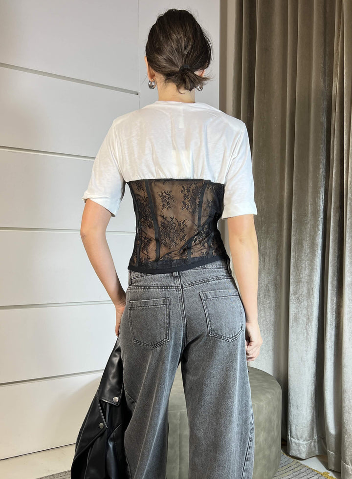 t-shirt bianca con corpetto in pizzo nero GH470NERO/PANNA TENSIONE IN