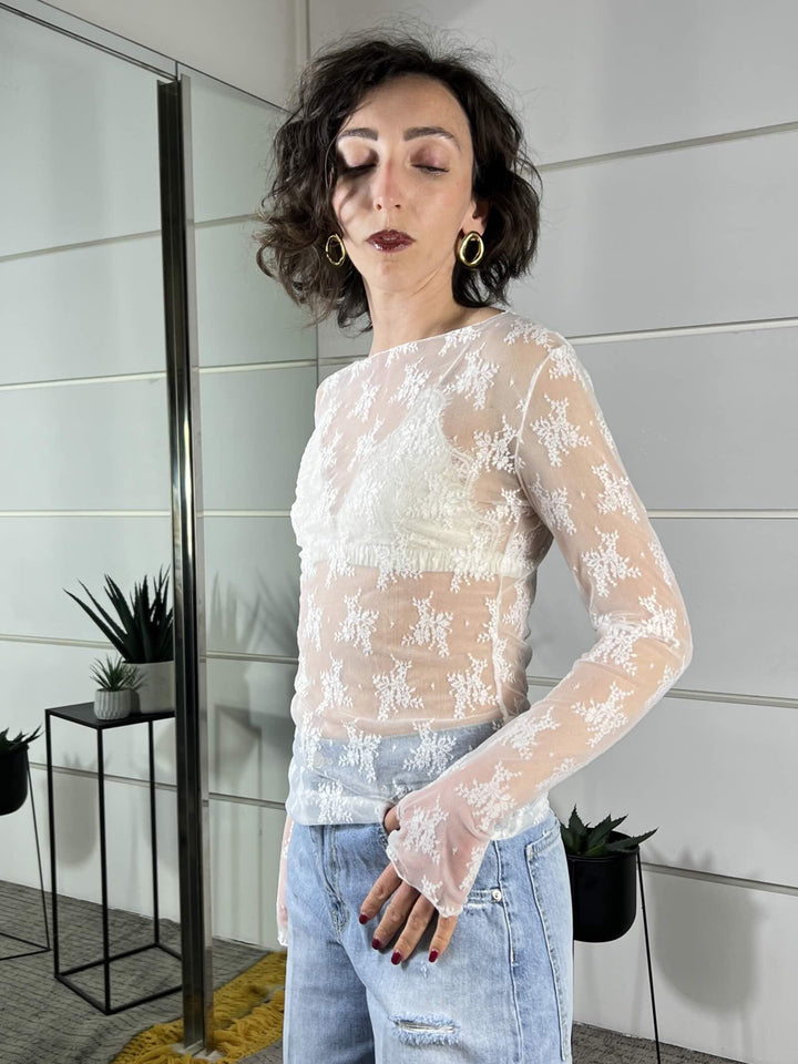 t-shirt in pizzo latte con manicotto 10997LATTE SUSY MIX